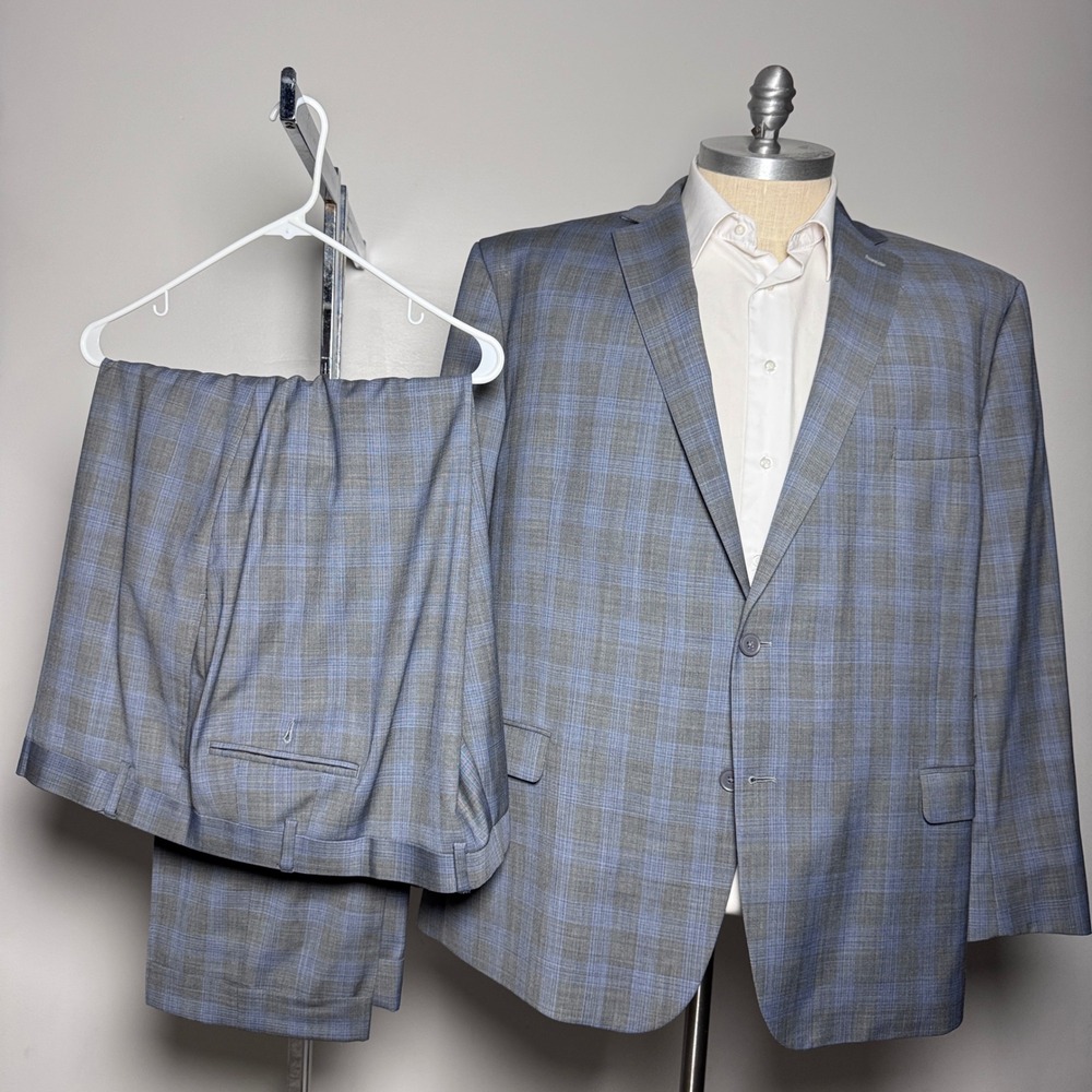 Collection by Michael Strahan Suit Mens 54R 50x28 Blue Gray Plaid Wool Blend